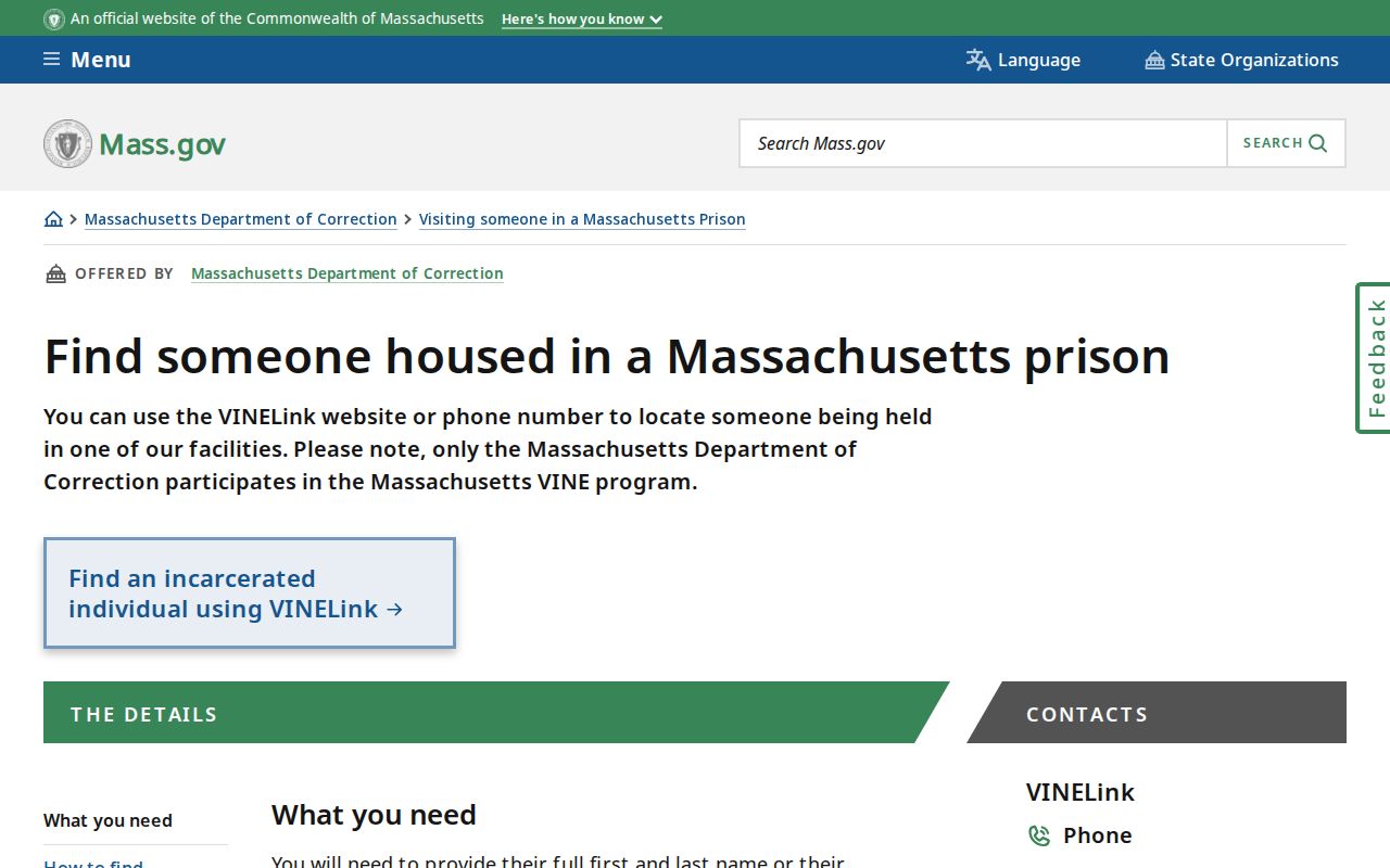 Massachusetts instructions for locating a person housed in prison