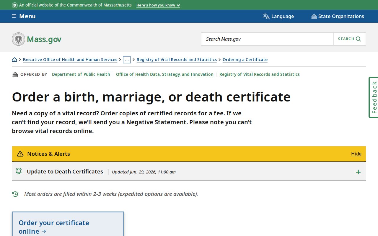 Massachusetts RVRS page explaining birth, marriage, and death certificate requests