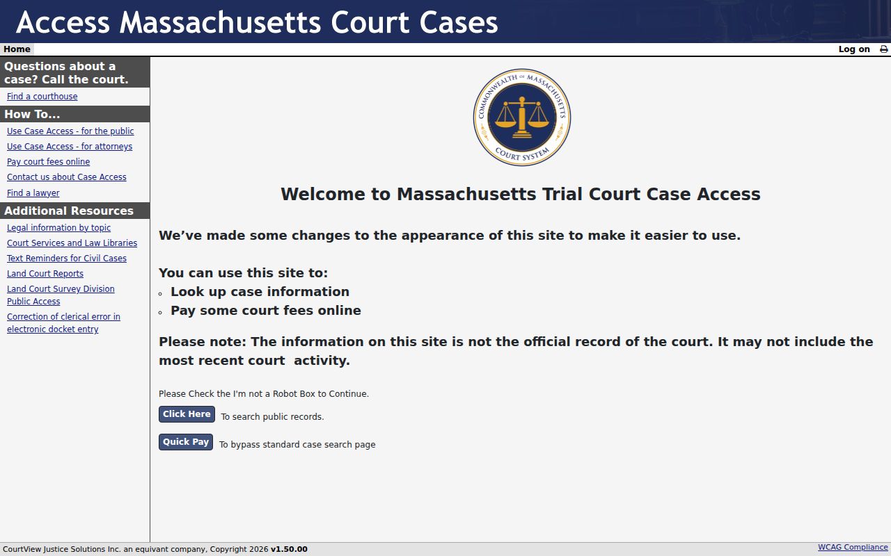 Massachusetts Trial Court Case Access entry screen used for Plymouth County court docket research