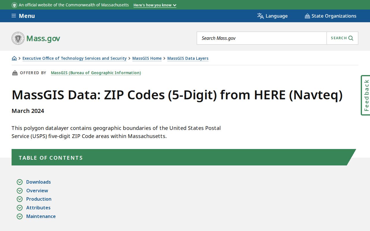 Plymouth County ZIP code directory image of the MassGIS ZIP boundary data notice